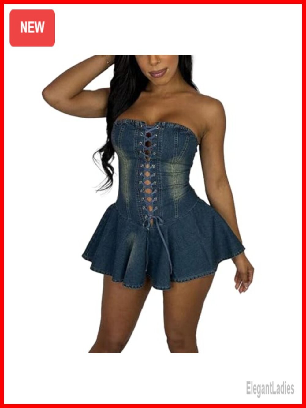 Strapless Denim Mini Dress Corset Bodycon Ruffled Hem Tube Jean Dress